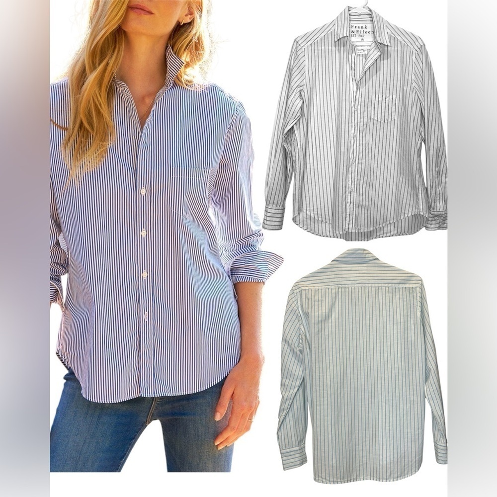 Frank & Eileen Relaxed Fit Eileen Style Striped Shirt Teal Blue Size XSmall